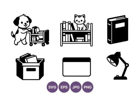 Cat on Bookshelf and Dog with Book Cart