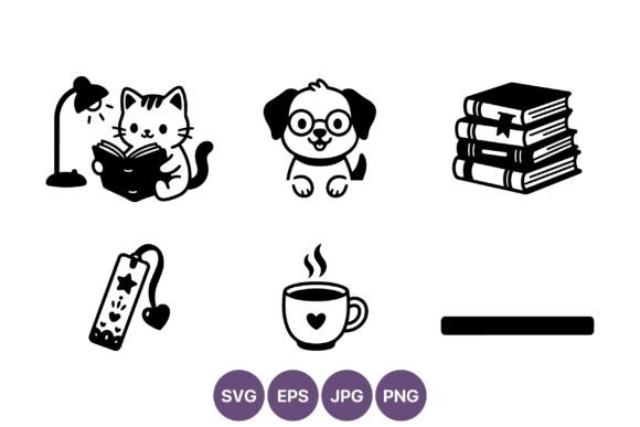Cat Reading Book Dog with Glasses Stack
