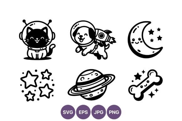 Cute Space Cat Dog Moon Stars Vector Review